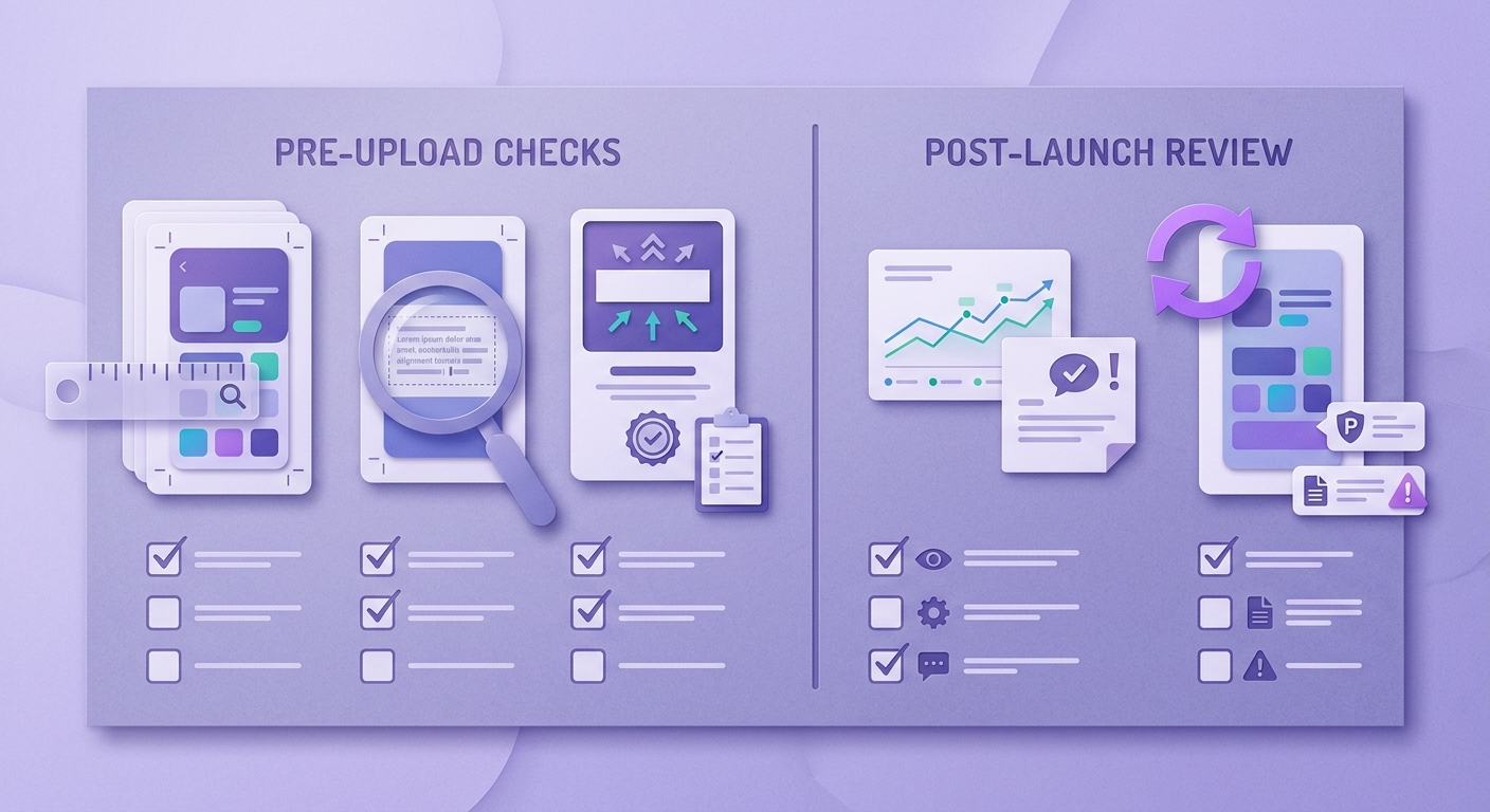 Execution checklist for App Store screenshots covering pre-upload validation and post-launch review steps.