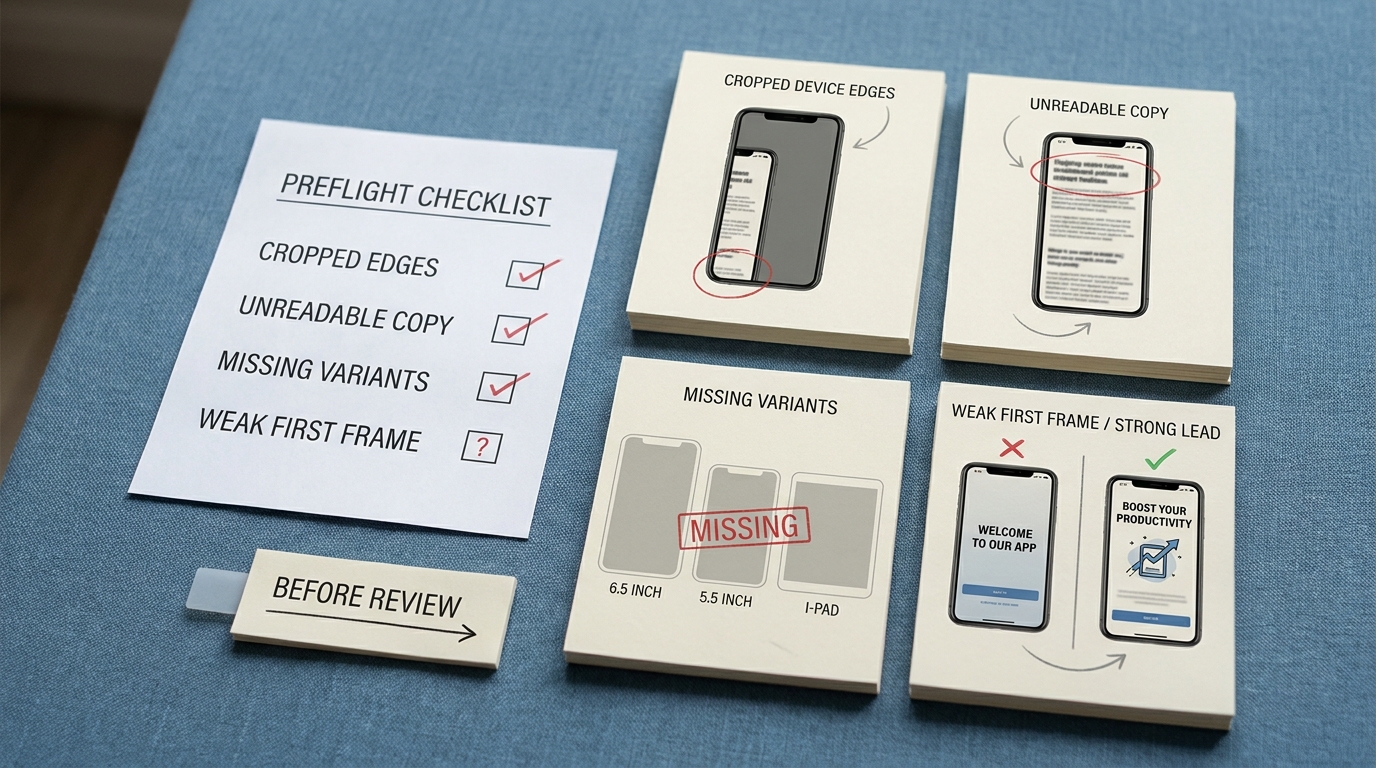Checklist-style callout showing common App Store screenshot problems like cropped text, wrong sizes, and weak opening frame.