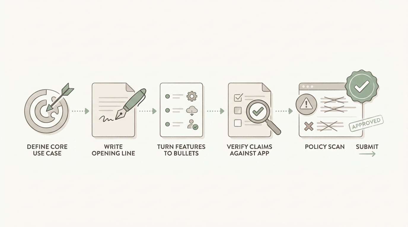 Process diagram for writing an app description that starts with the core job, adds feature bullets, verifies claims, and checks policy wording before submission.