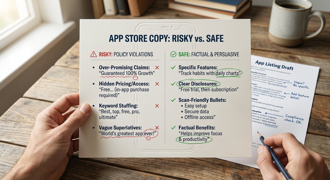 Split callout comparing risky app description phrases with safer, clearer alternatives for App Store and Google Play.