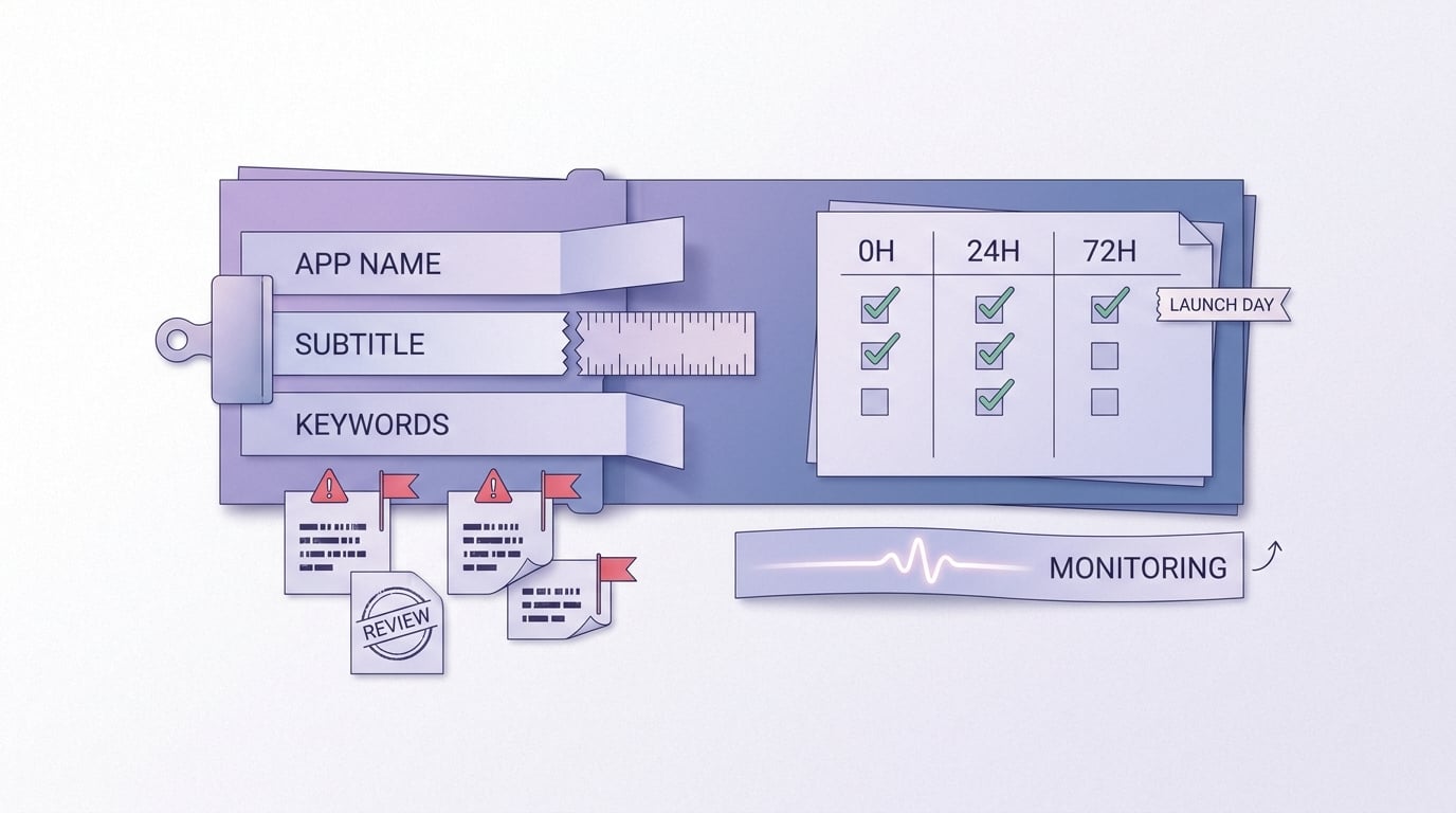 Launch checklist for reviewing app name, subtitle, and keywords during the first 72 hours after release.