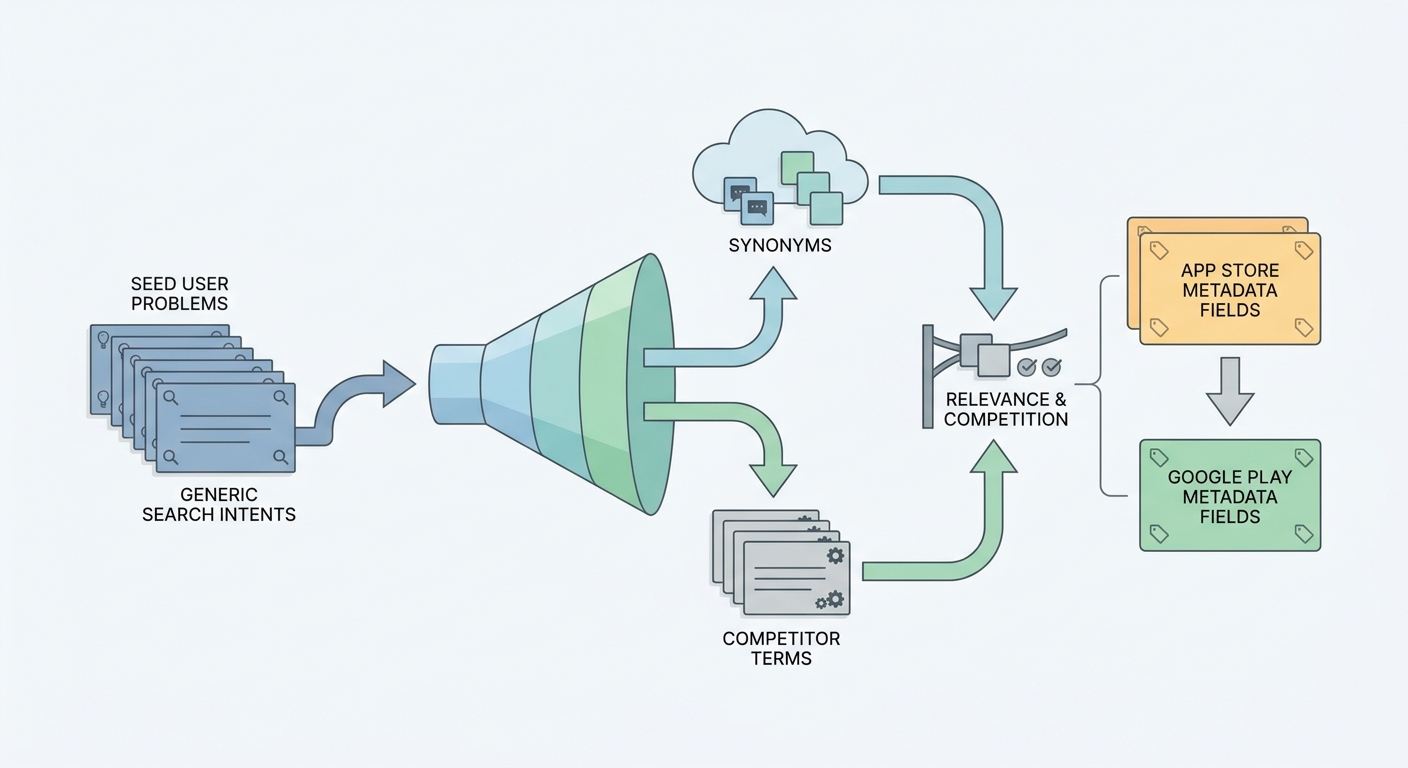 Workflow diagram showing how to build launch keywords from user intent, expand them, filter them, and map them to store metadata.