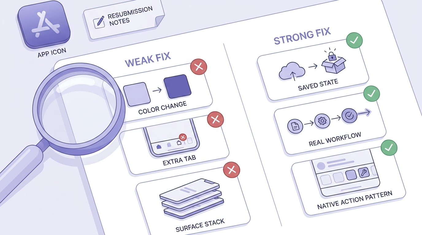 Checklist comparing strong and weak fixes for a minimum functionality App Store rejection.