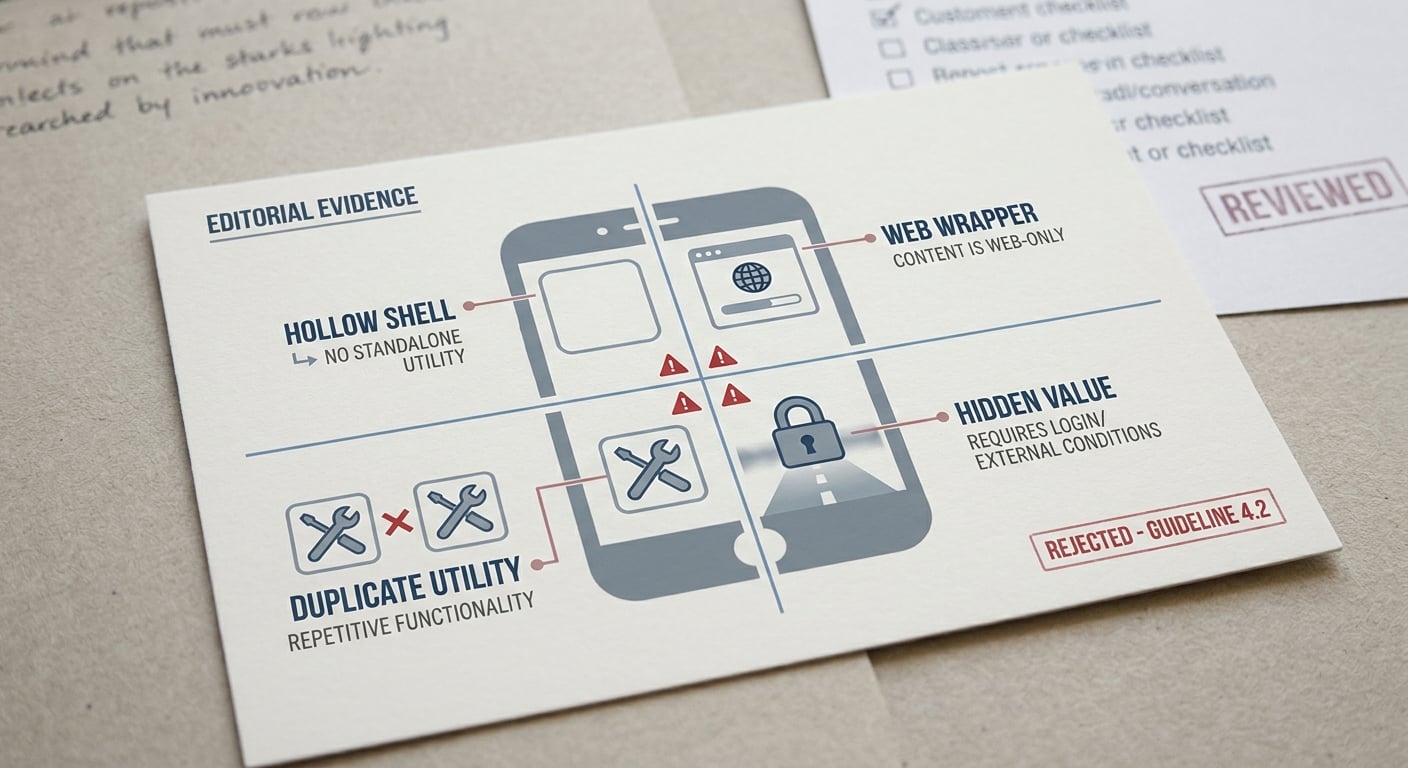 Evidence card listing common App Store Guideline 4.2 minimum functionality rejection patterns and their review impact.