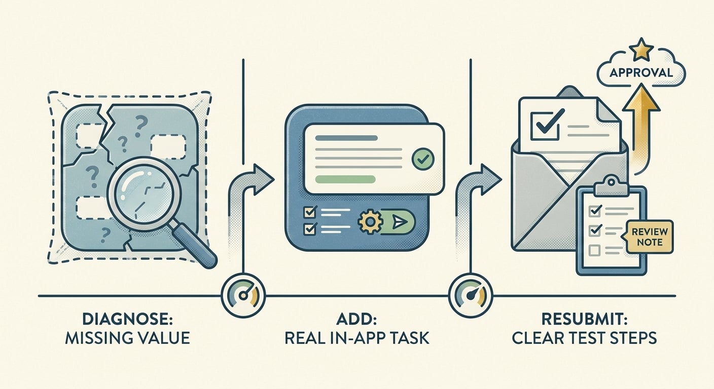 Process diagram showing how to fix an App Store Guideline 4.2 rejection by diagnosing the gap, adding utility, and resubmitting.