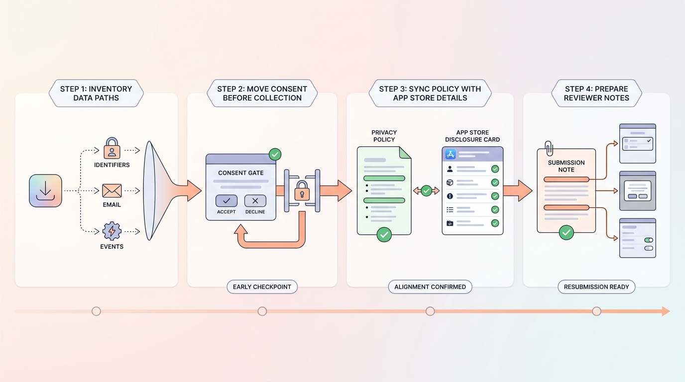 Workflow diagram for fixing a 5.1.2 rejection by inventorying data, moving consent earlier, syncing disclosures, and preparing reviewer notes.