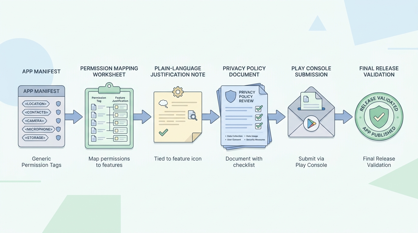 Process diagram of completing the Google Play permissions declaration form from manifest review to submission and validation.