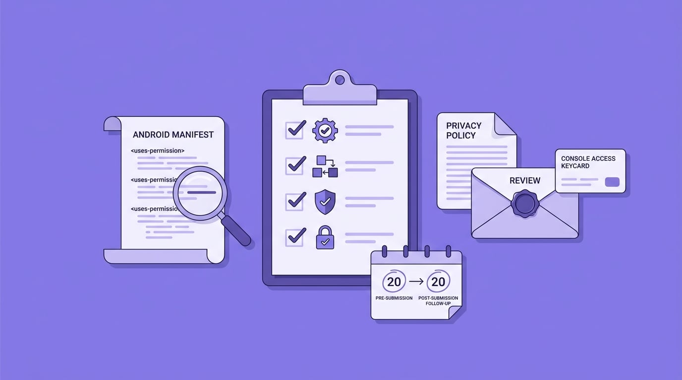 Checklist for verifying Google Play permissions declaration details before submitting an app release.