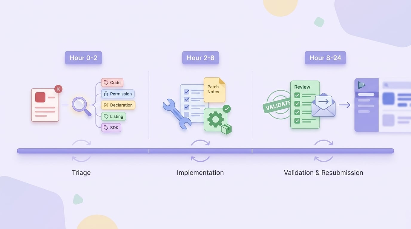 Timeline of a 24-hour Google Play resubmission process from rejection triage to fix, validation, and resubmit