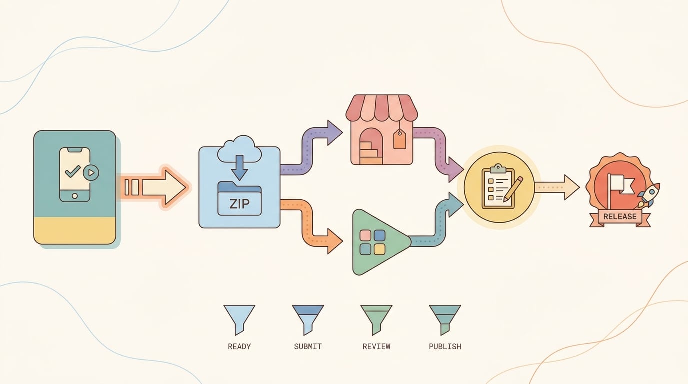 Process diagram of a Bravo Studio app moving from project setup to export, store submission, review, and launch.