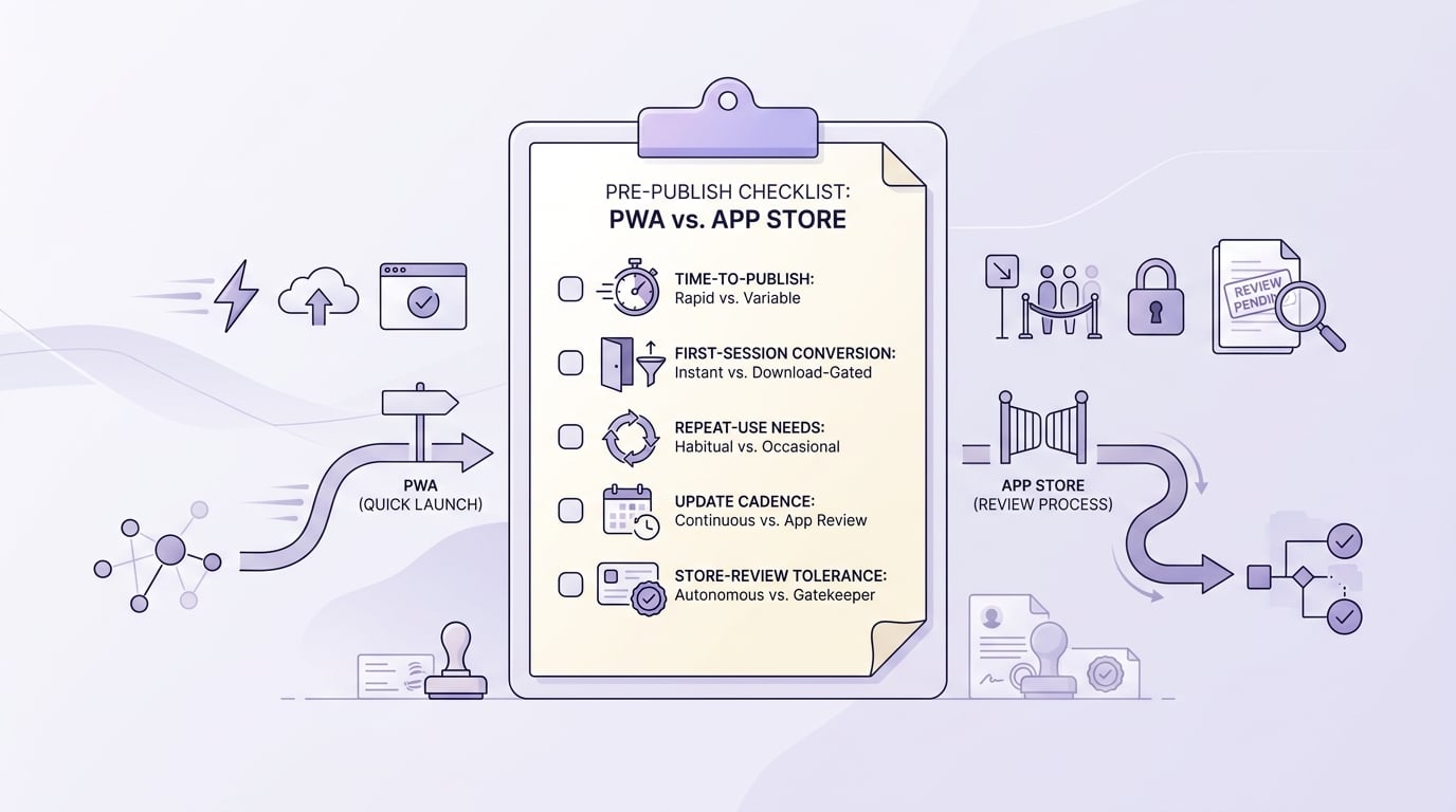 Checklist for founders deciding between PWA and App Store app based on metrics like time-to-publish, retention, and review tolerance.