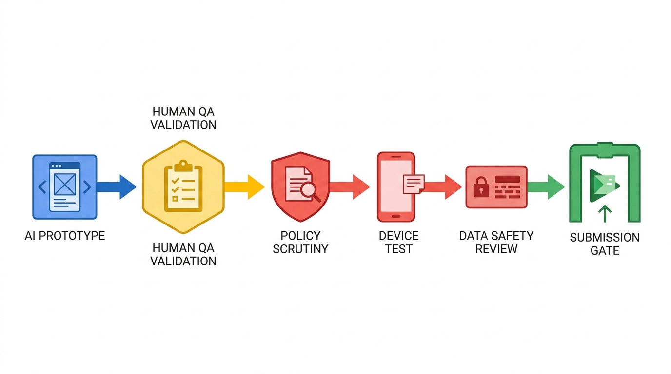 Workflow from AI prototype through human QA, policy check, and Google Play submission.