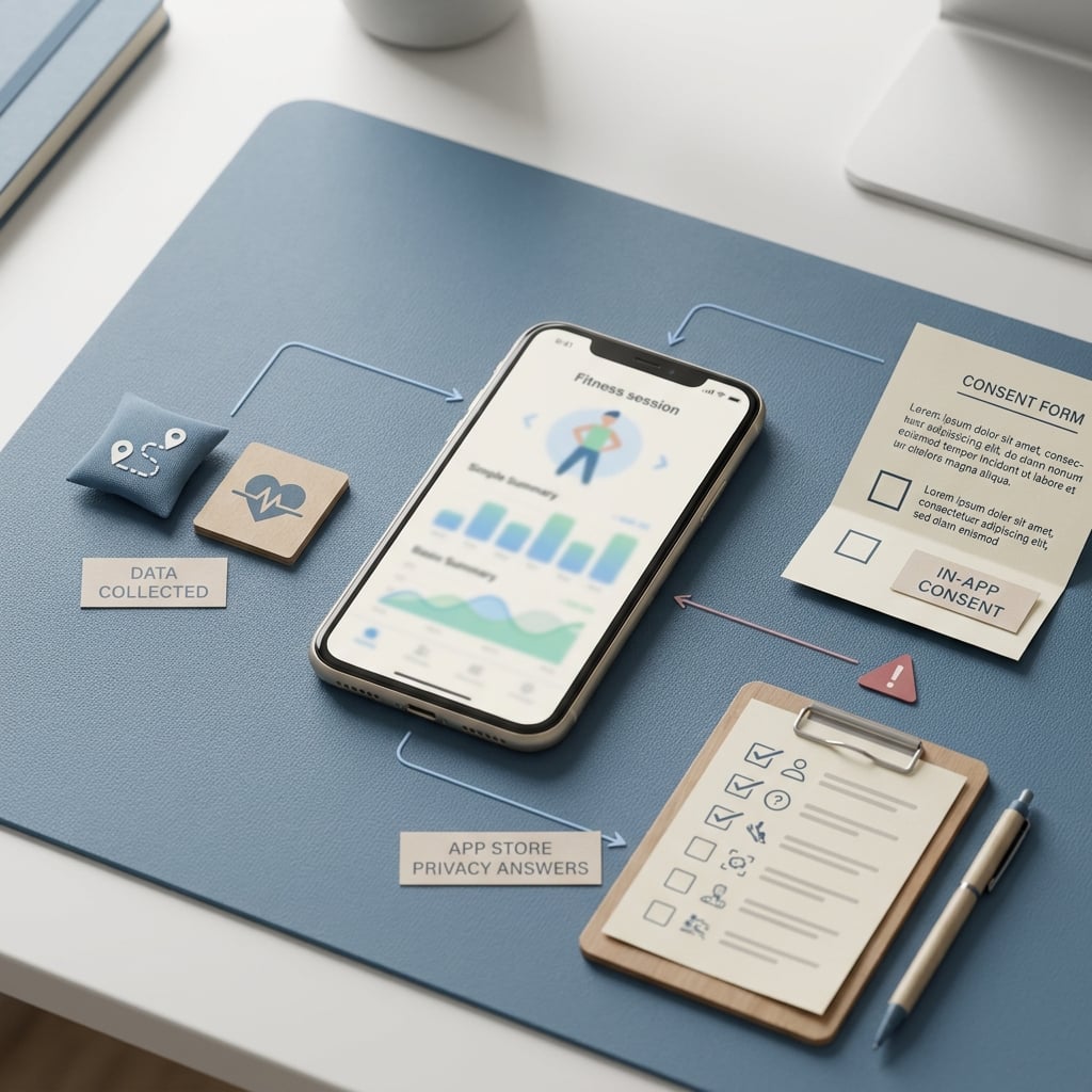 Callout visual showing workout data, consent text, and App Store privacy answers needing to match.