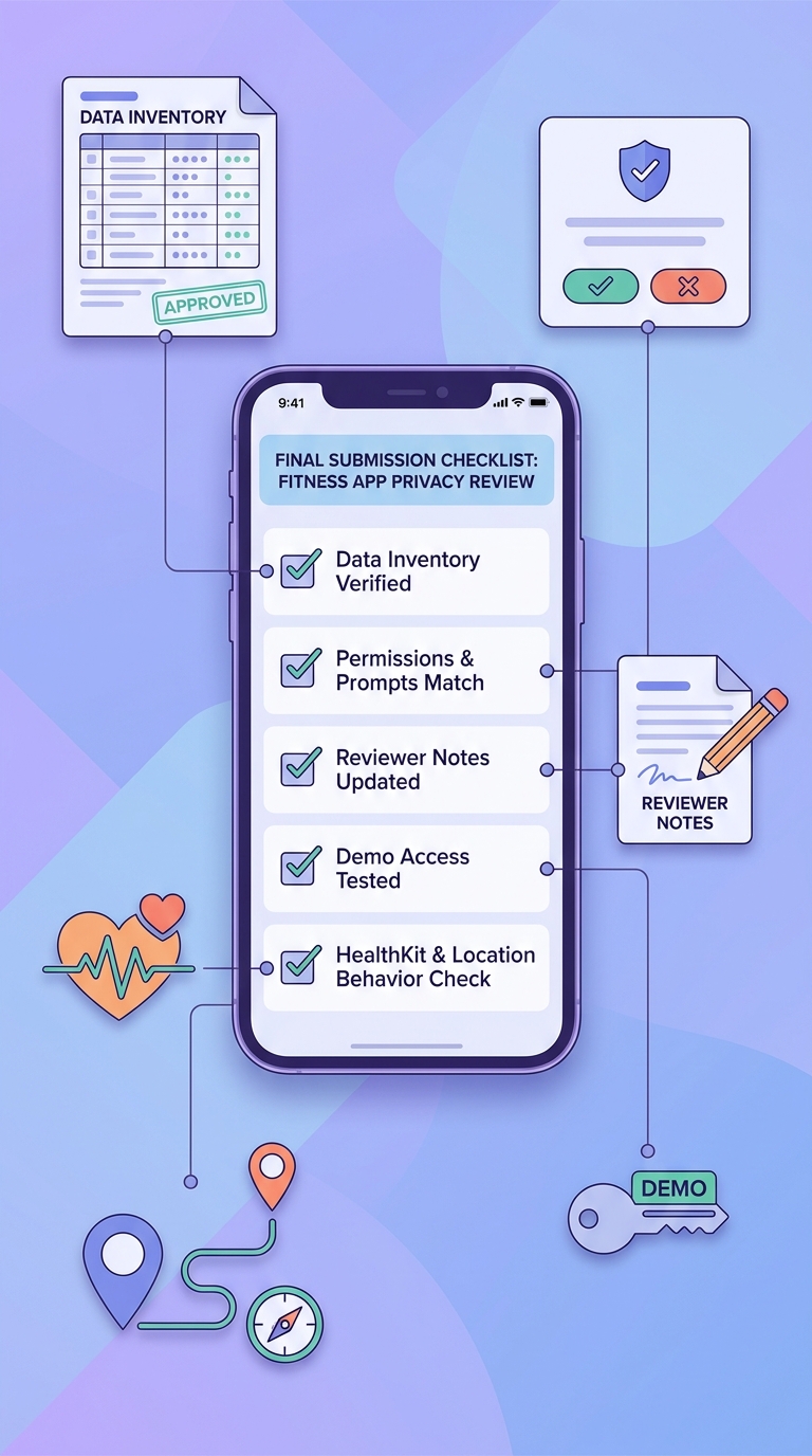 Checklist for final App Store privacy review submission readiness in a fitness app.