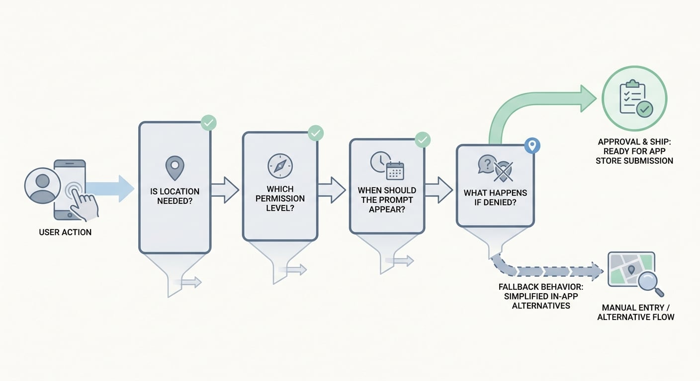 Flow diagram showing how to review an iOS location permission request from user action to fallback behavior.