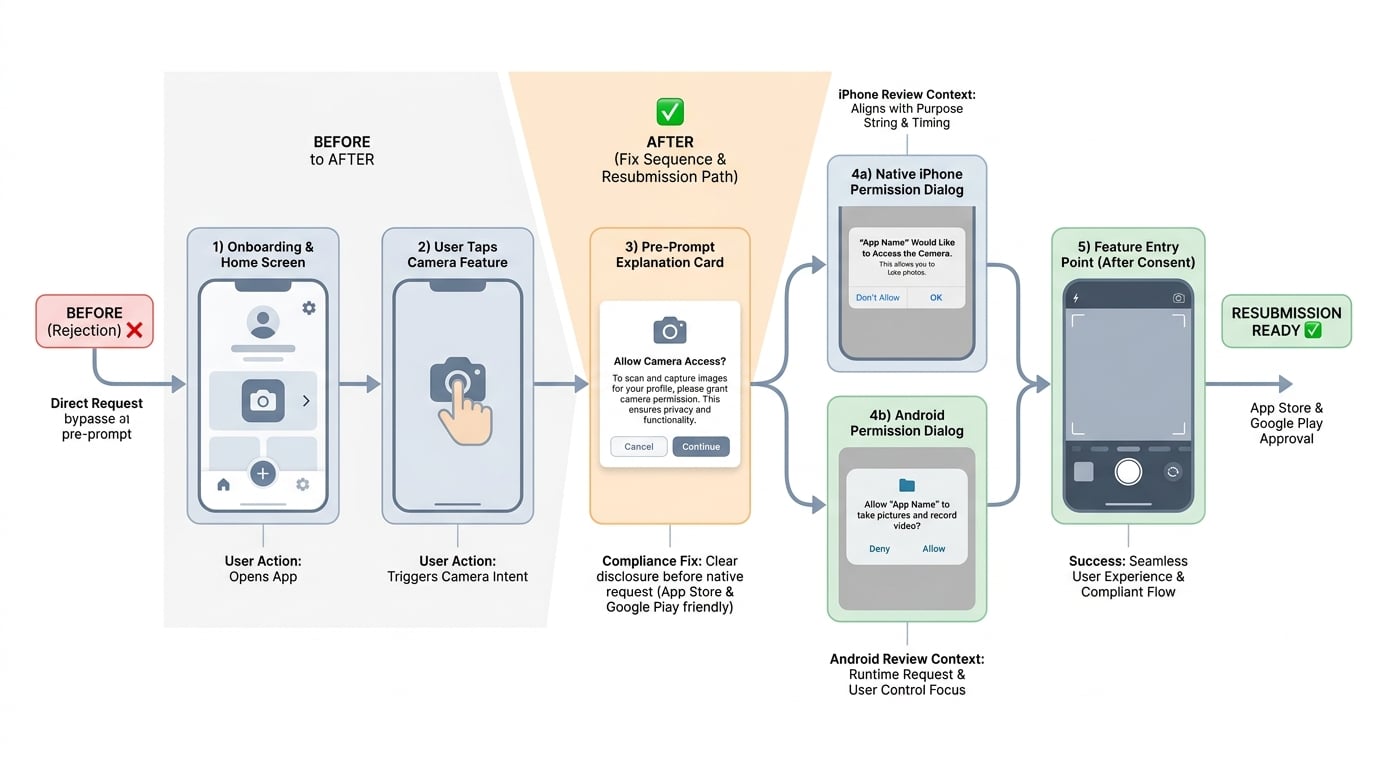 Process diagram of the corrected camera permission flow with request timing aligned to user intent on App Store and Google Play.
