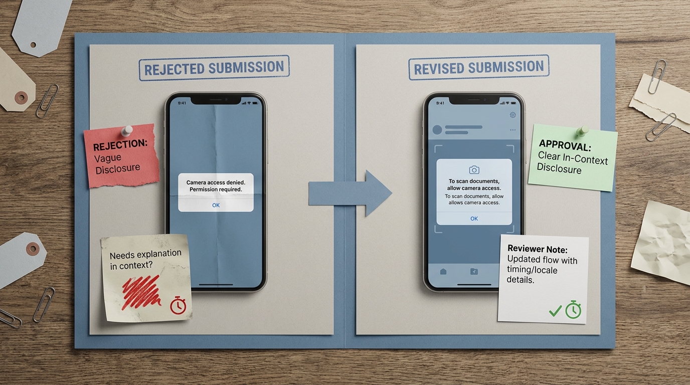 Before-and-after snapshot of a camera permission rejection fix for App Store and Google Play, showing improved resubmission outcome and reduced review friction.