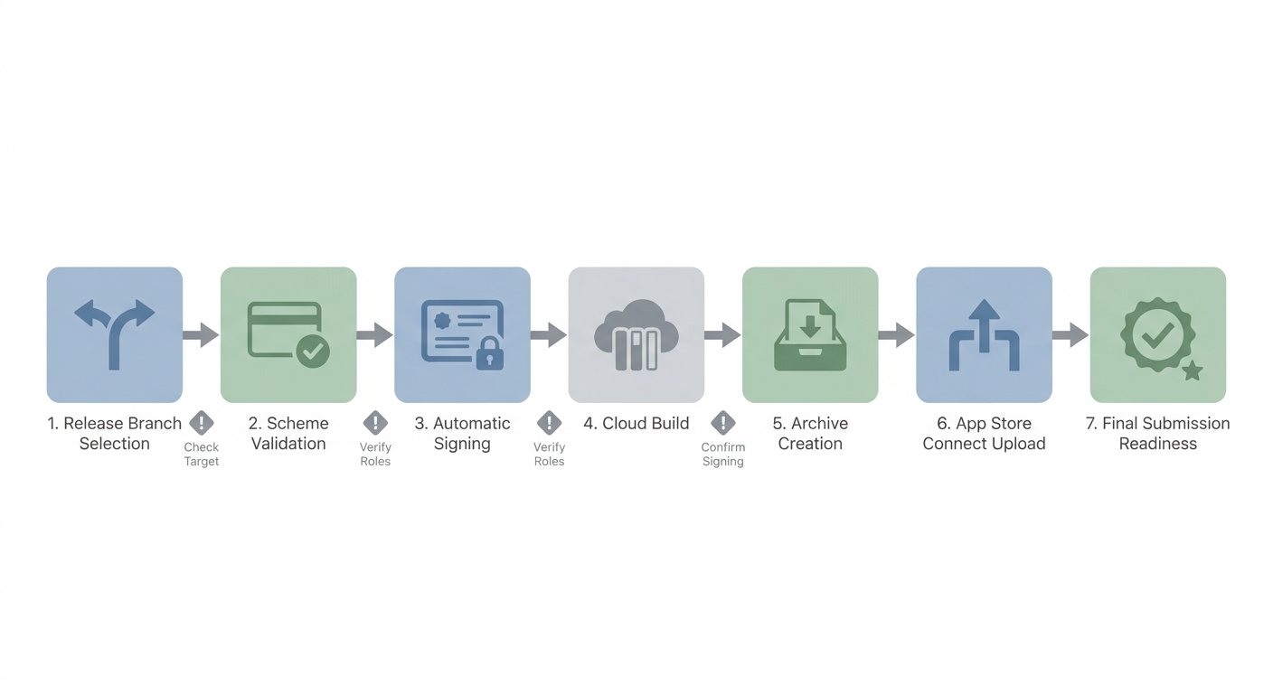 Process diagram of the Xcode Cloud publishing flow from release branch to App Store Connect submission.