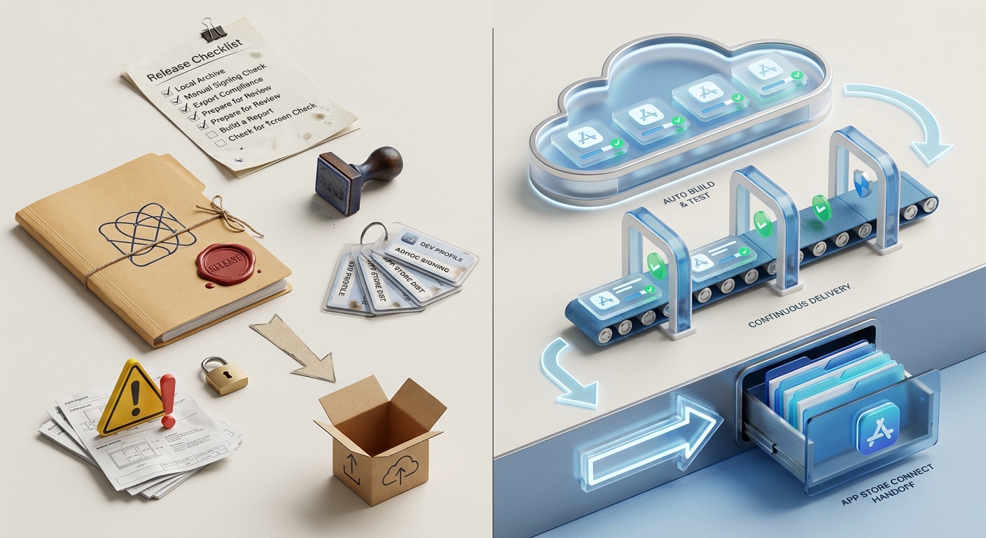 Comparison table of traditional manual iOS publishing versus Xcode Cloud publishing to App Store Connect.