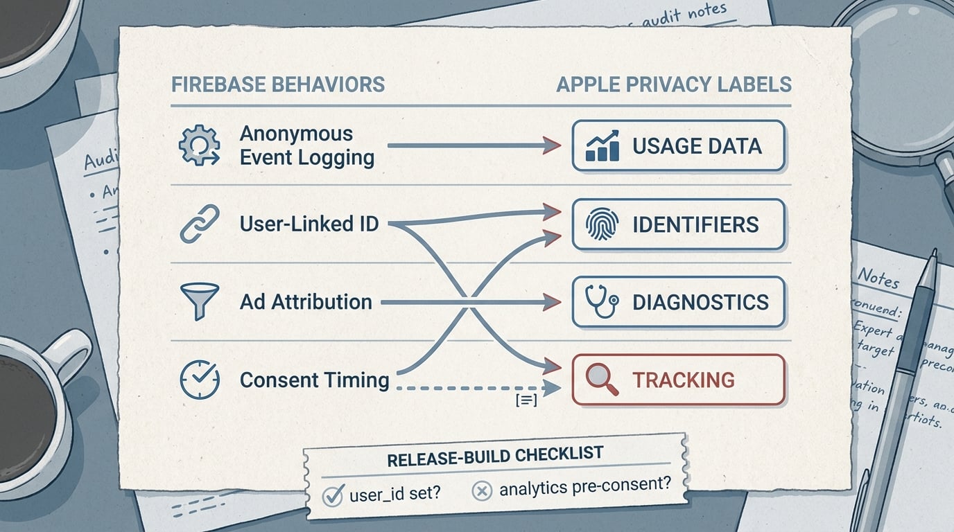 Table showing Firebase Analytics behaviors matched to App Store privacy label categories like linked data, usage data, and tracking.