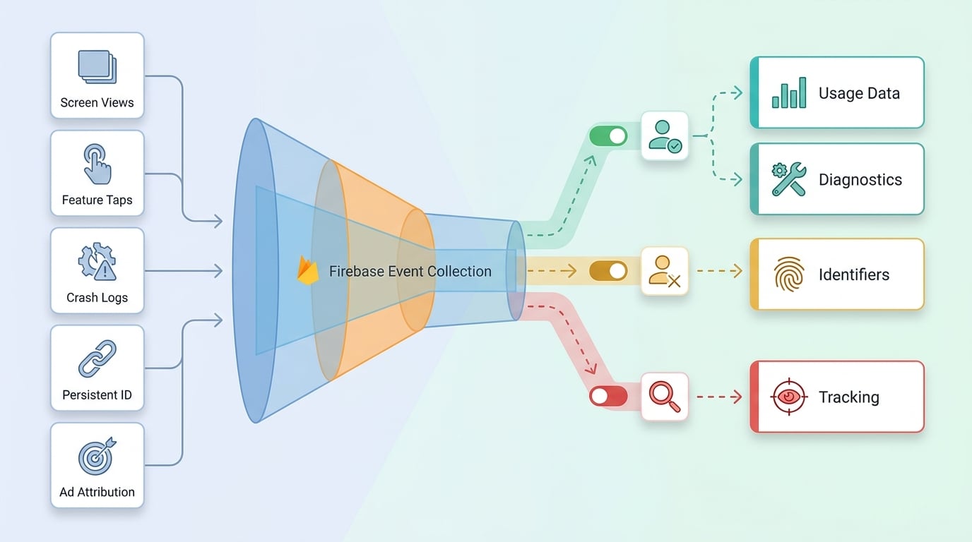 Process diagram showing Firebase data collection flowing into Apple privacy label categories and tracking decisions.