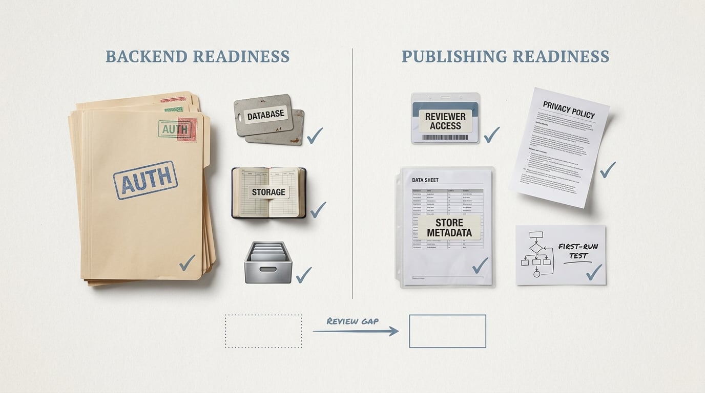 Two-column launch readiness comparison showing Supabase backend setup on one side and App Store or Google Play publishing requirements on the other.