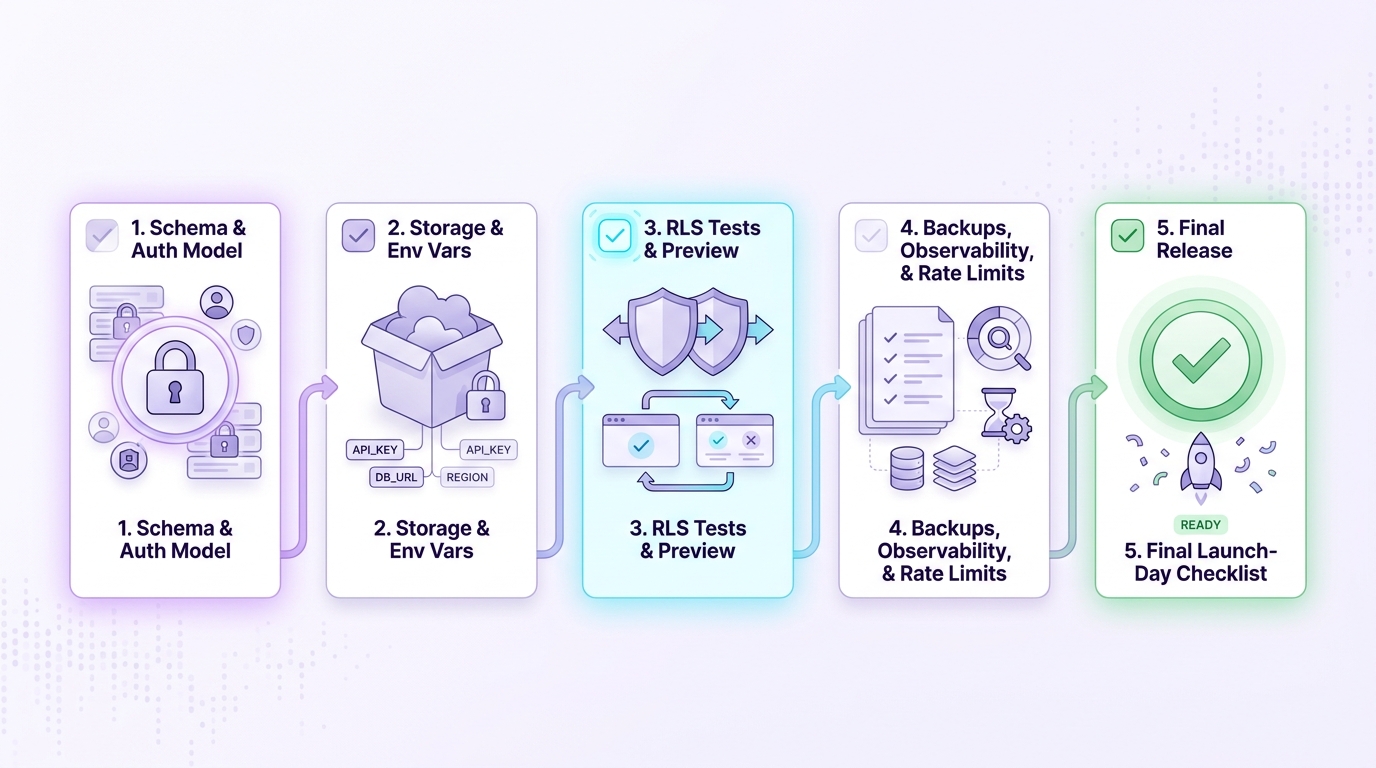 A chronological timeline with five milestones for a Supabase publishing checklist: 2022  -  define the database schema and auth model; 2023  -  set up storage, policies, and environment variables; 2024  -  add row-level security tests and preview deployments; 2025  -  verify backups, observability, and rate limits; launch day  -  run the final checklist and publish. The design uses deep violet labels, soft lavender connectors, and a cyan highlight on the current milestone against a clean light background.