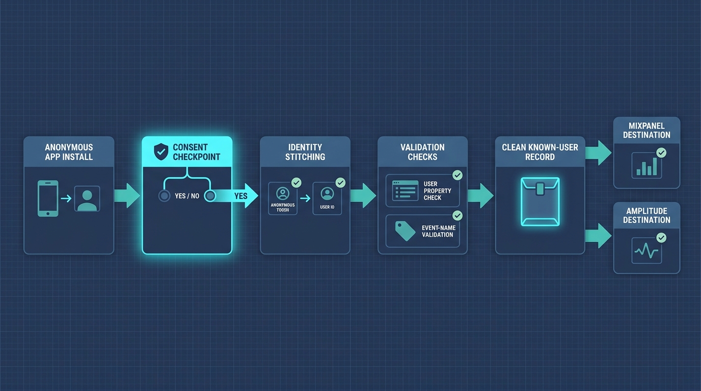 Process diagram of pre-launch analytics declaration flowing through install, consent, identity stitching, and validated event capture. Process diagram of pre-launch analytics declaration flowing through install, consent, identity stitching, and validated event capture.