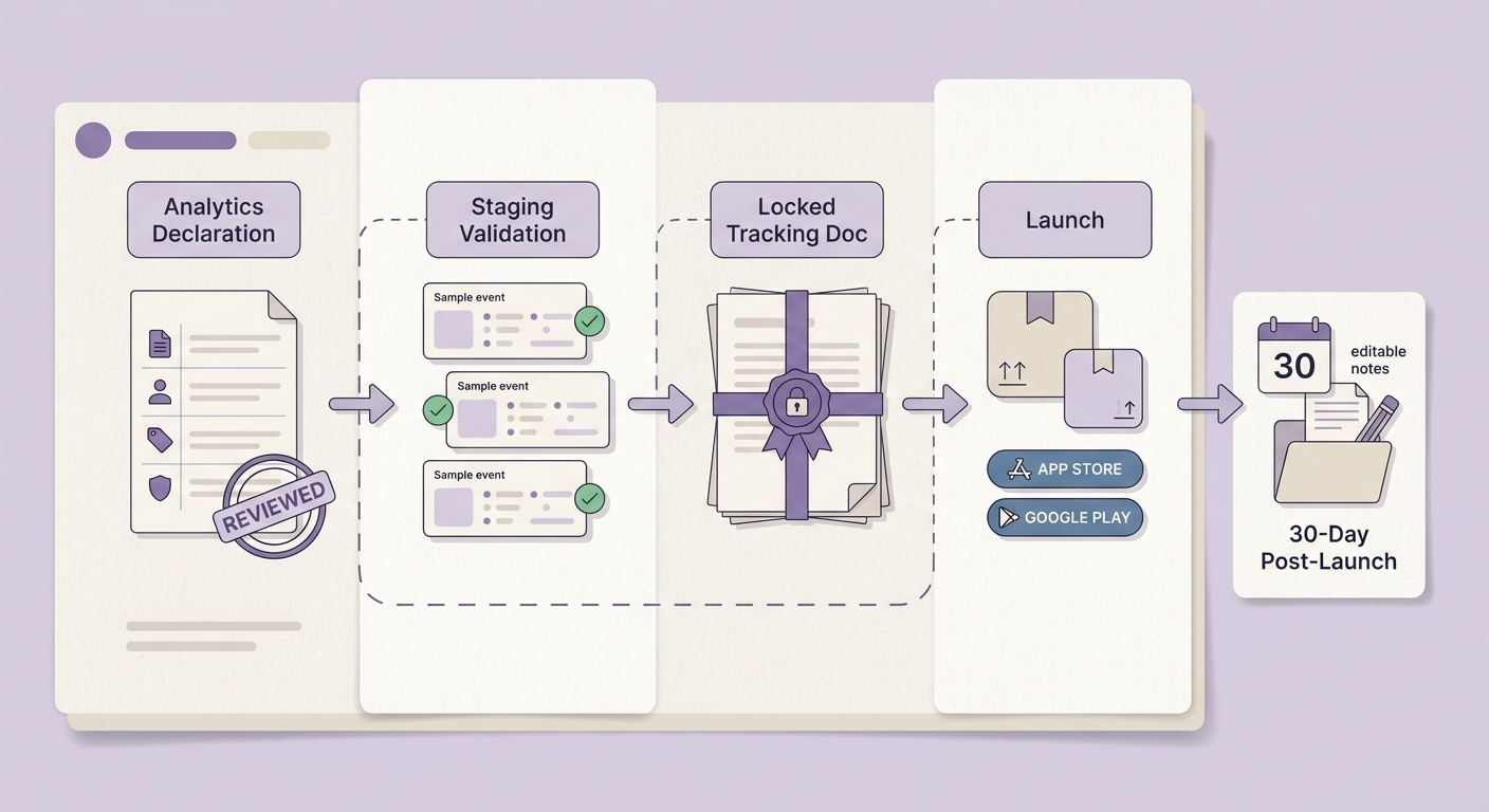 Timeline showing analytics declaration review, staging validation, app store launch, and post-launch update window. Timeline showing analytics declaration review, staging validation, app store launch, and post-launch update window.