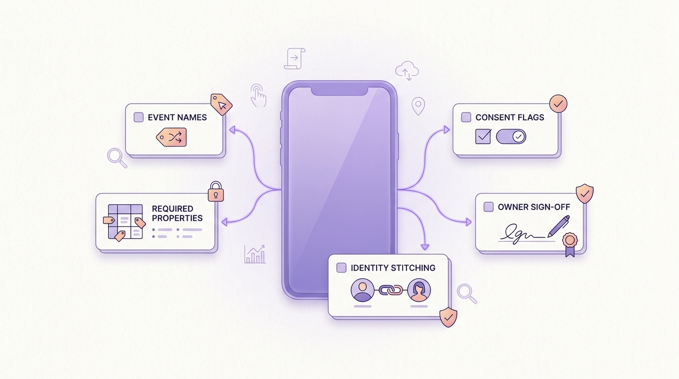 Checklist of required pre-launch analytics declarations for Mixpanel or Amplitude: events, properties, identity, consent, and ownership. Checklist of required pre-launch analytics declarations for Mixpanel or Amplitude: events, properties, identity, consent, and ownership.