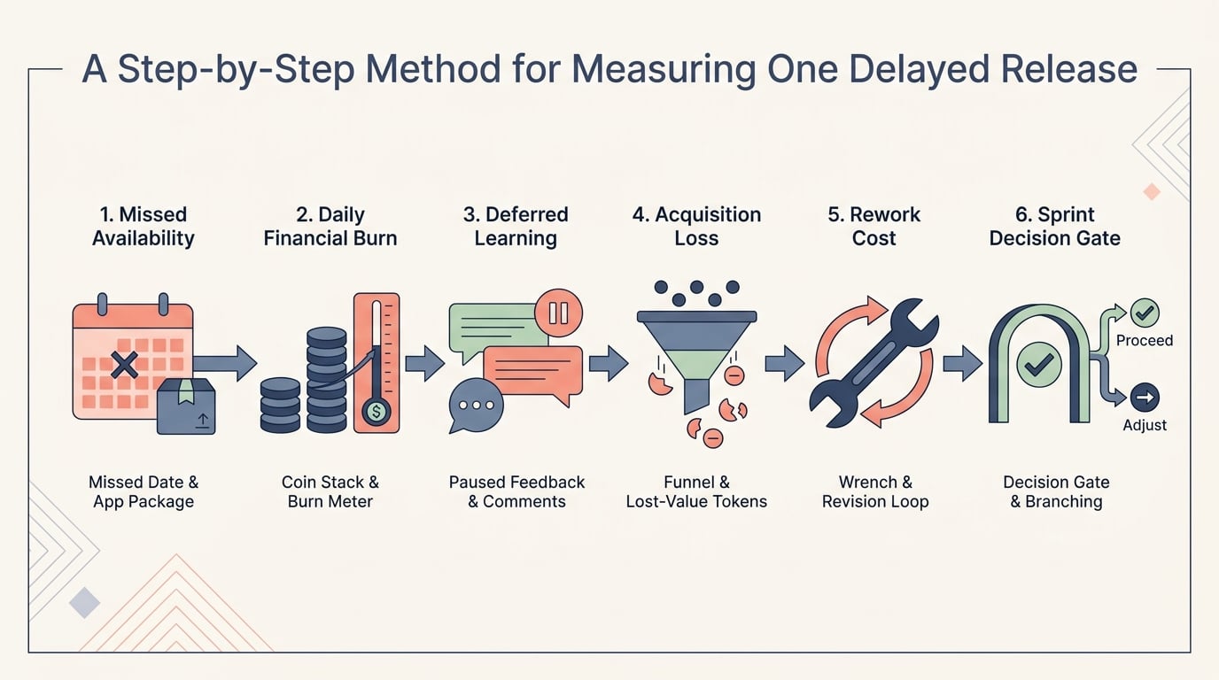 Process diagram showing how startups calculate mobile app release delay cost from timeline slip, team burn, deferred learning, acquisition value, and rework. Process diagram showing how startups calculate mobile app release delay cost from timeline slip, team burn, deferred learning, acquisition value, and rework.