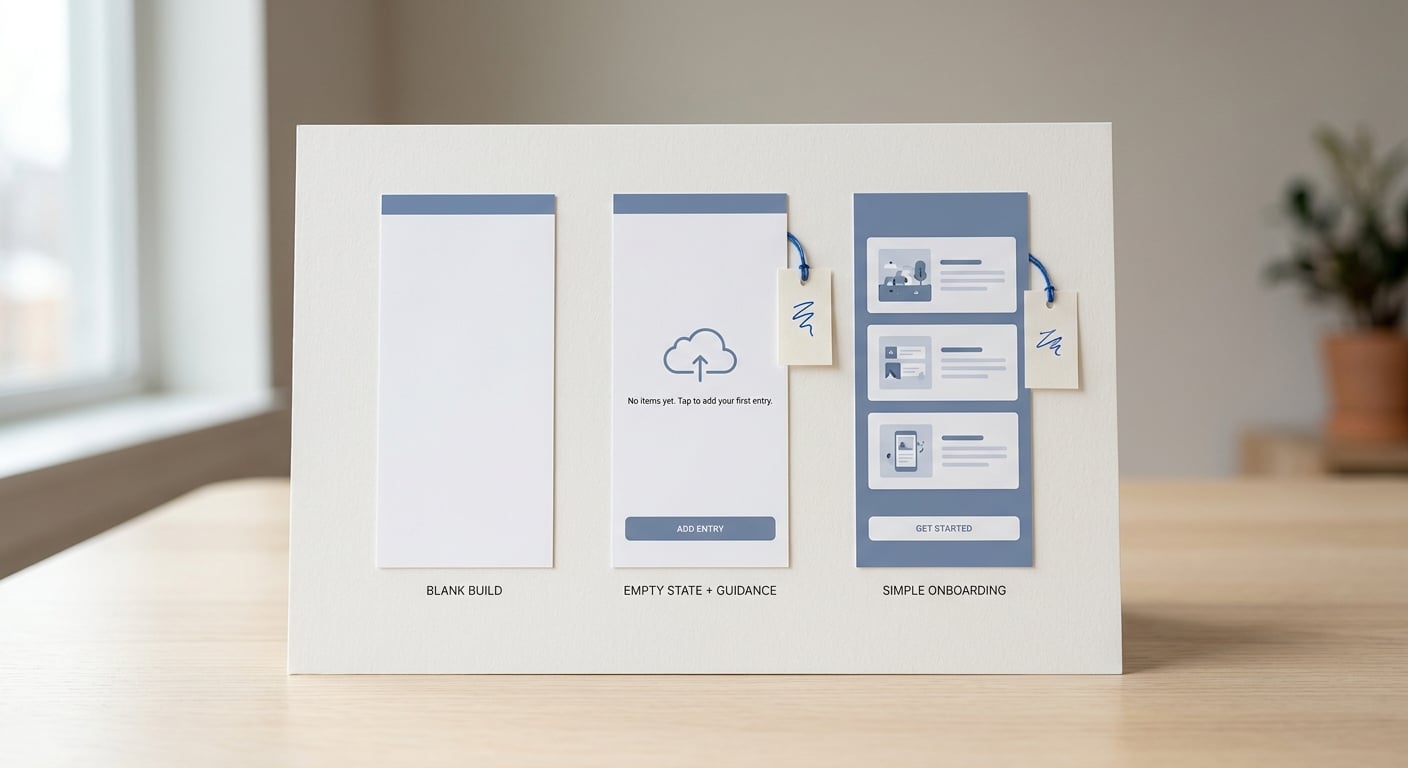 Comparison of blank app screen versus guided empty state versus usable onboarding flow for App Store review