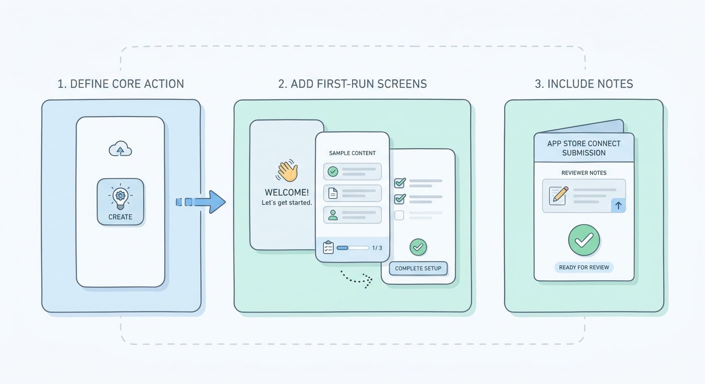 Workflow diagram showing core action, first-run experience, and reviewer notes for submitting an app with no public content