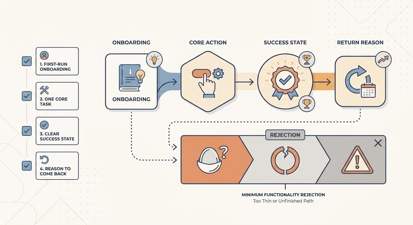 Process diagram showing how reviewers judge whether a simple app feels complete or too thin.