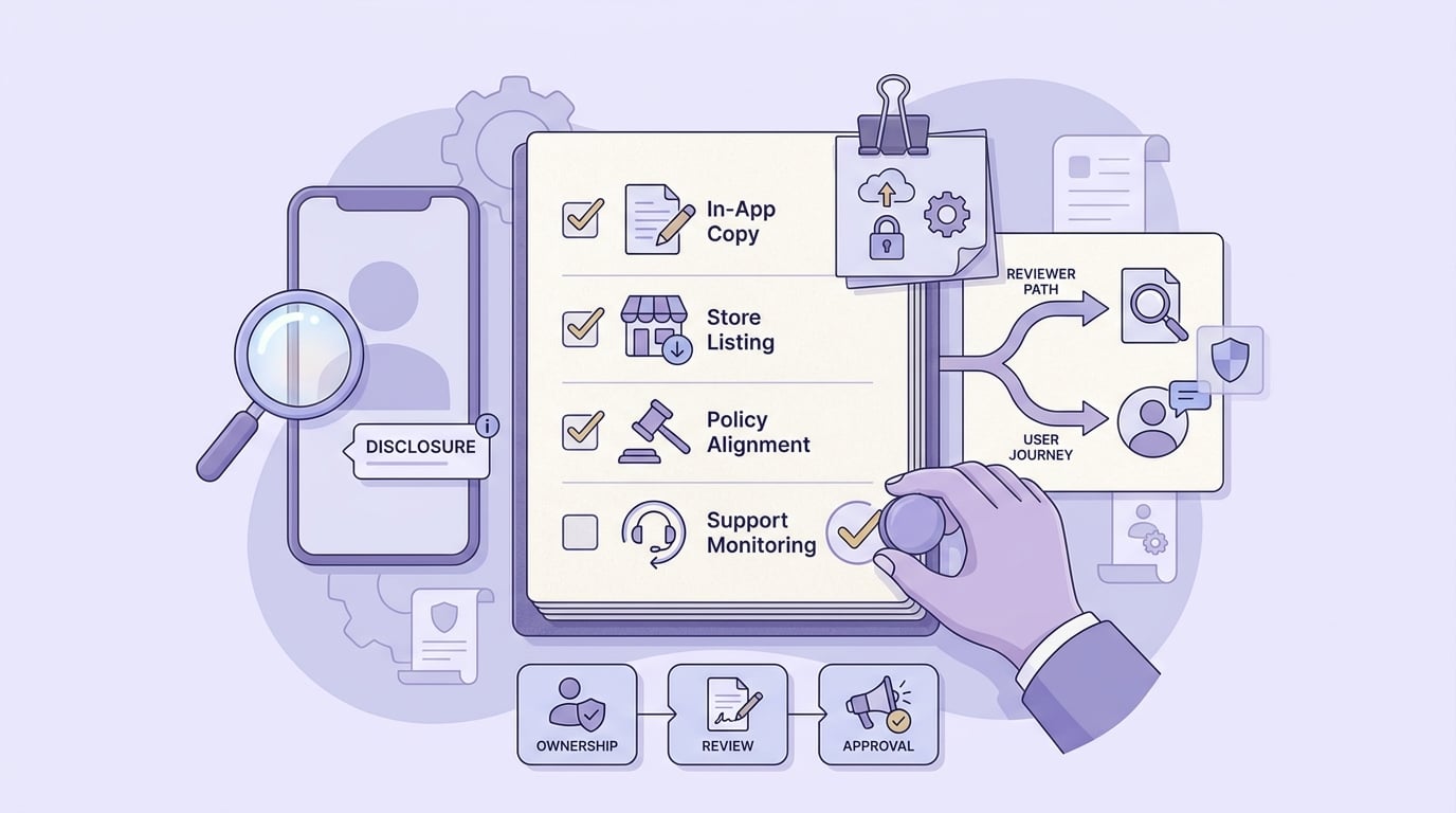 Checklist for verifying AI answer disclosures before app submission and after launch.
