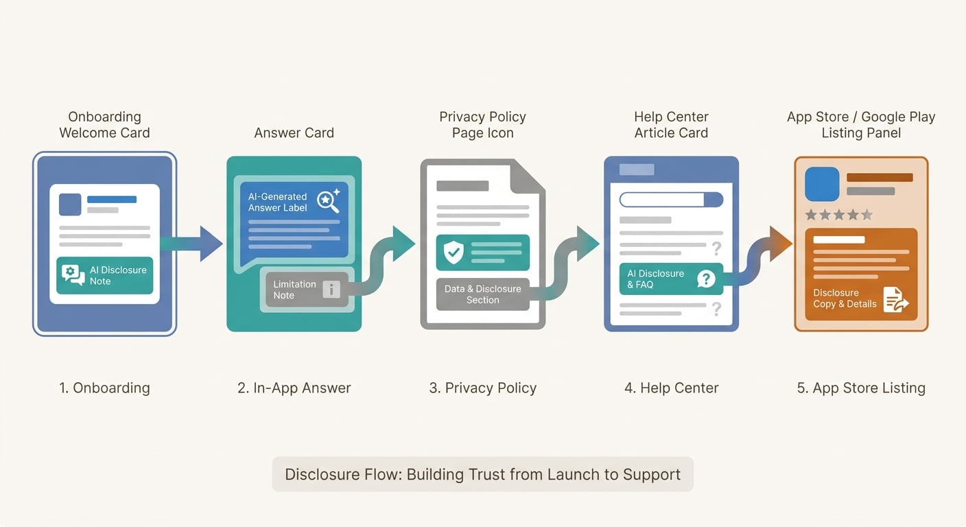 Workflow diagram of disclosure placement across onboarding, answer screen, policy pages, and app store listing.