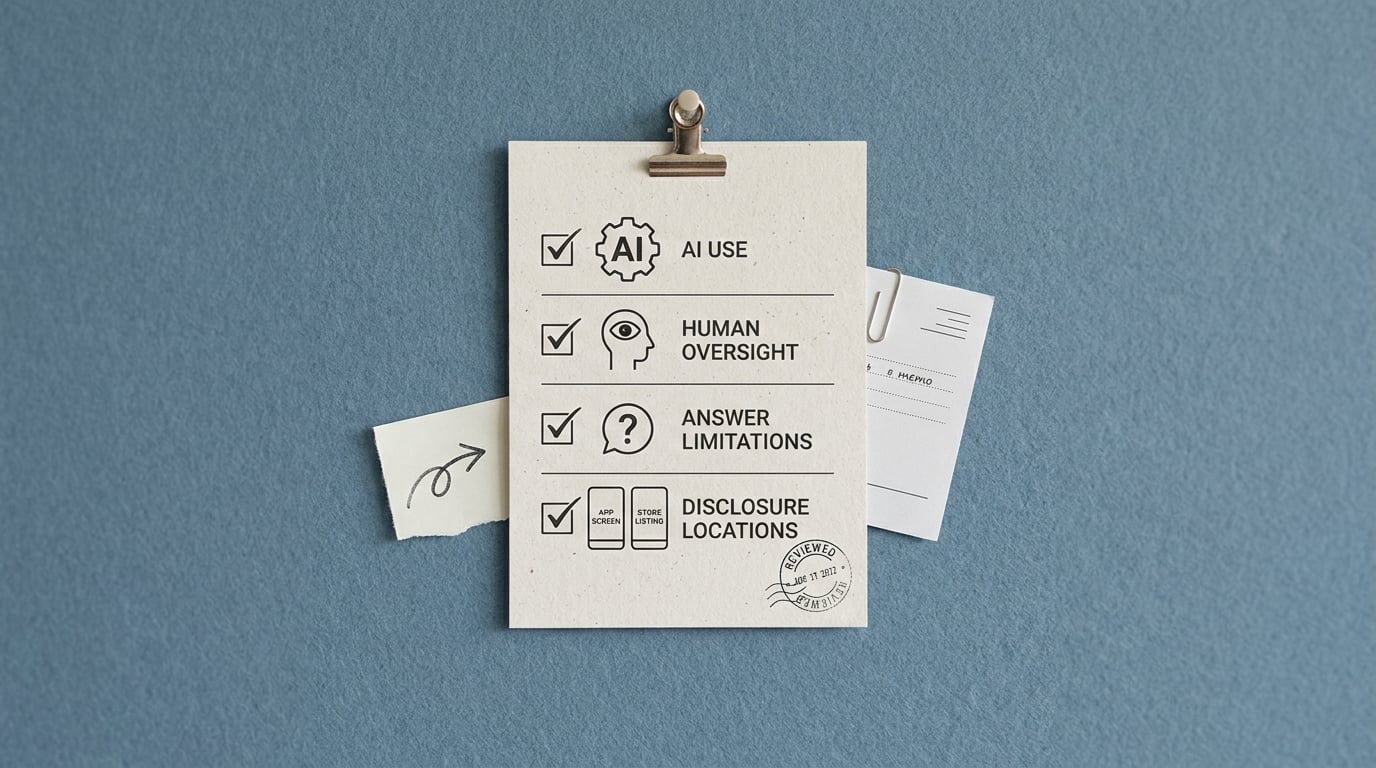 Callout card listing the main disclosure elements for apps that generate answers with AI.