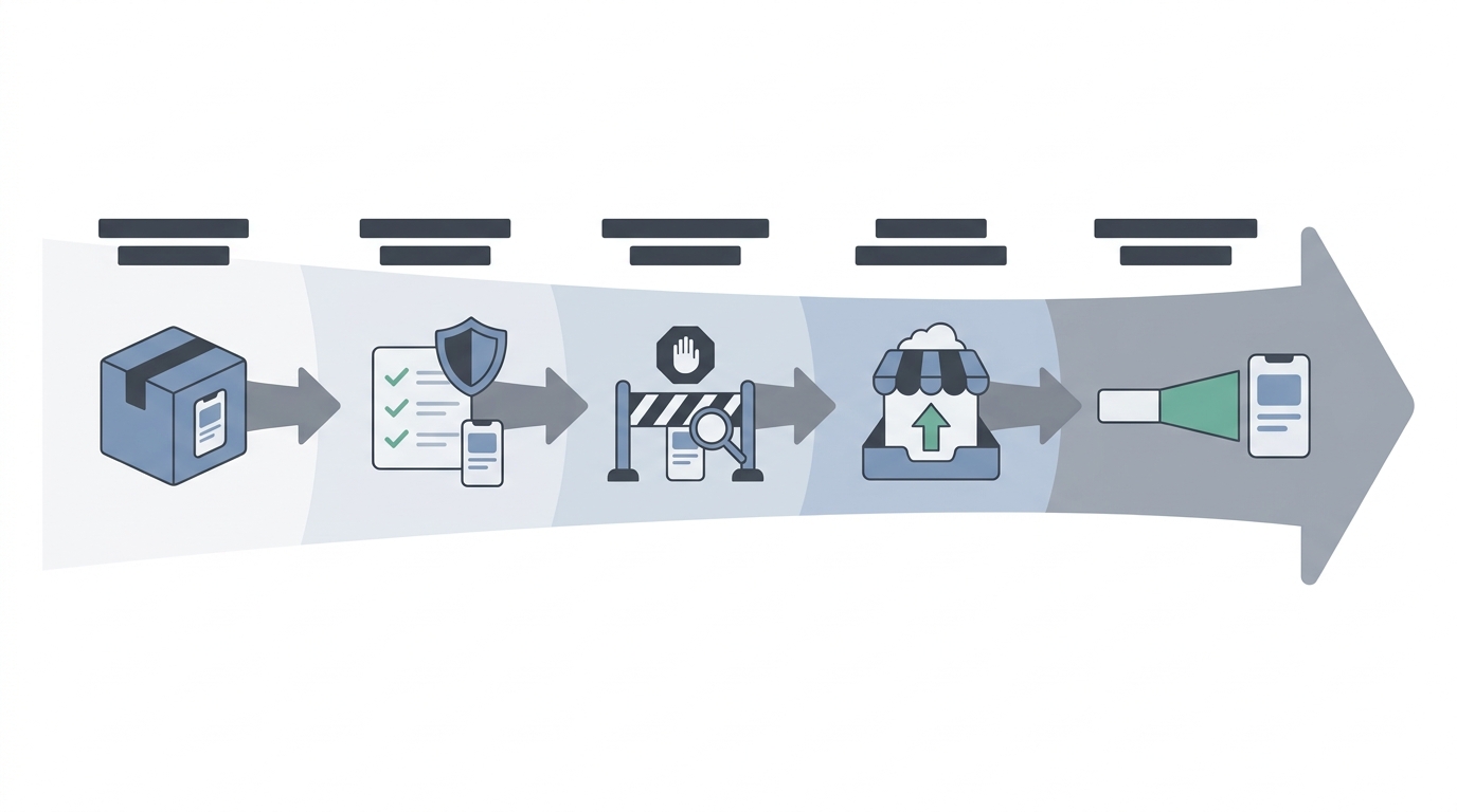 Process diagram of the publication workflow for a ChatGPT-style mobile app from preparation to rollout.