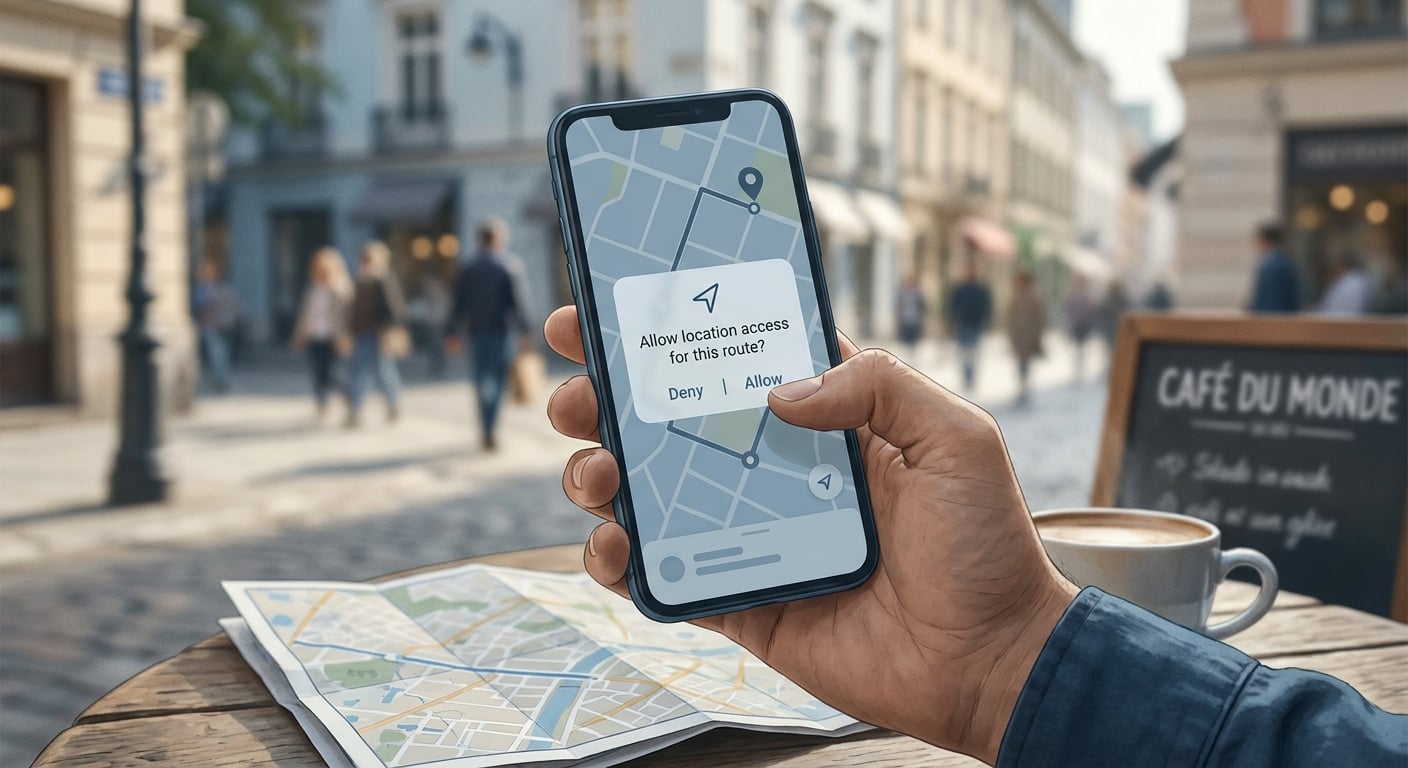 Proof card illustrating Google Maps requesting location access at the moment a user needs directions or nearby results. Proof card illustrating Google Maps requesting location access at the moment a user needs directions or nearby results.
