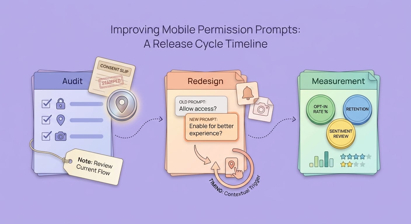 Timeline showing audit, redesign, and measurement steps for improving mobile app permission prompts. Timeline showing audit, redesign, and measurement steps for improving mobile app permission prompts.