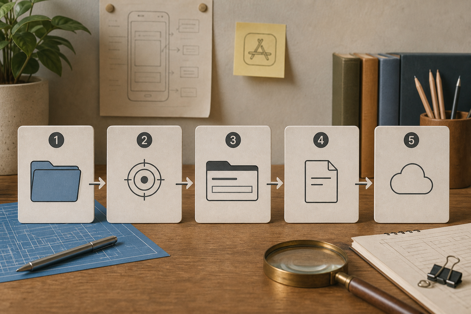 Flow diagram of steps to find a bundle ID in Xcode: open project, select target, open General, copy Bundle Identifier, confirm in App Store Connect.