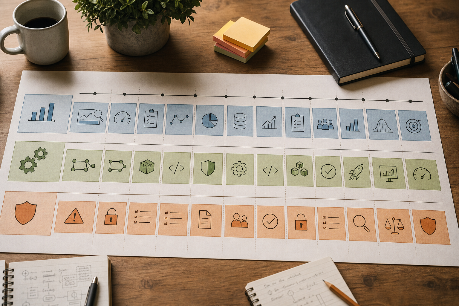 12-week roadmap showing weekly tasks for metrics, CI/CD, feature flags, and staged rollouts to halve release time. 12-week roadmap showing weekly tasks for metrics, CI/CD, feature flags, and staged rollouts to halve release time.