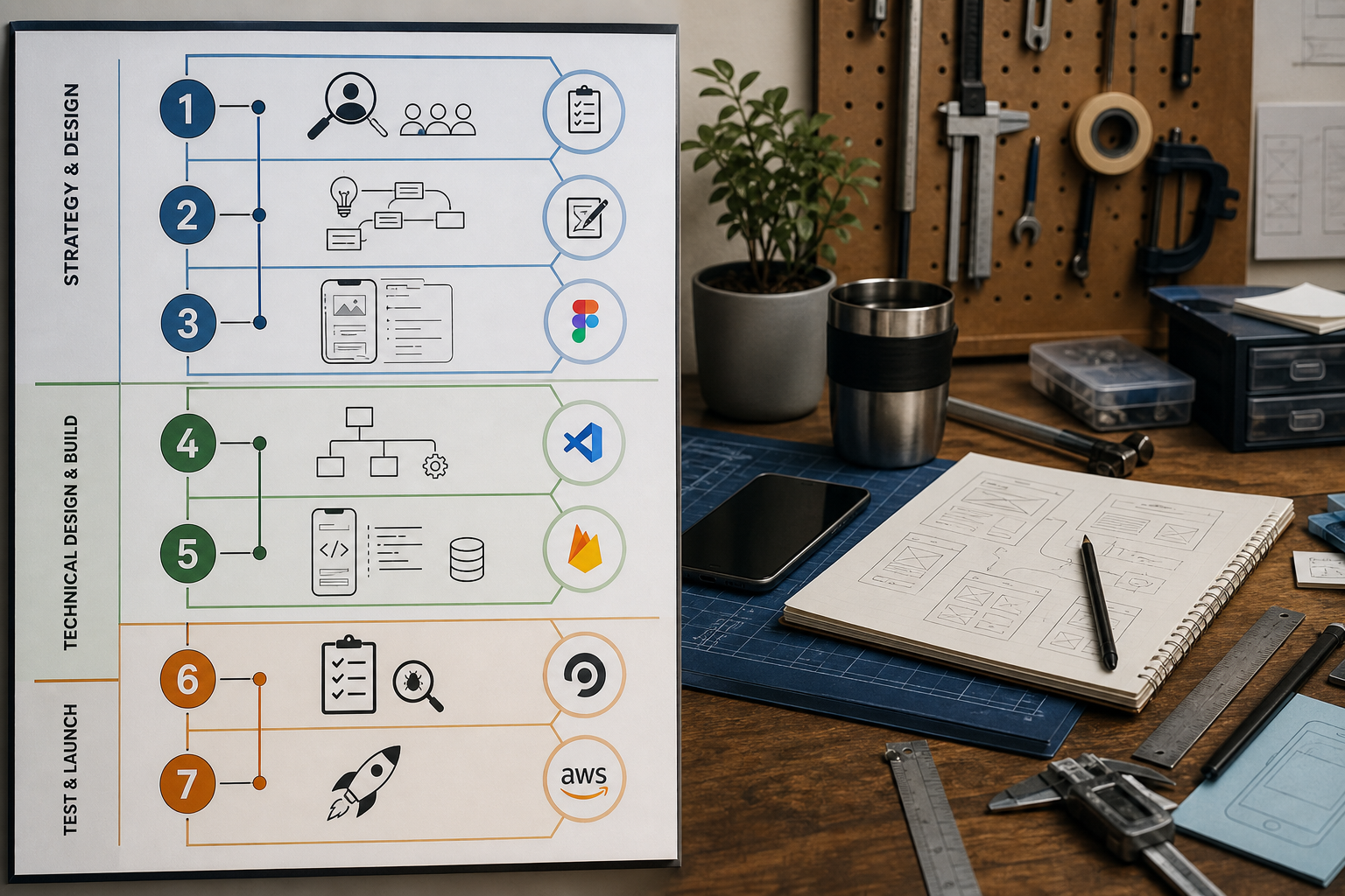 Process diagram grouping the seven steps into strategy, build, and launch clusters with tool callouts. Process diagram grouping the seven steps into strategy, build, and launch clusters with tool callouts.