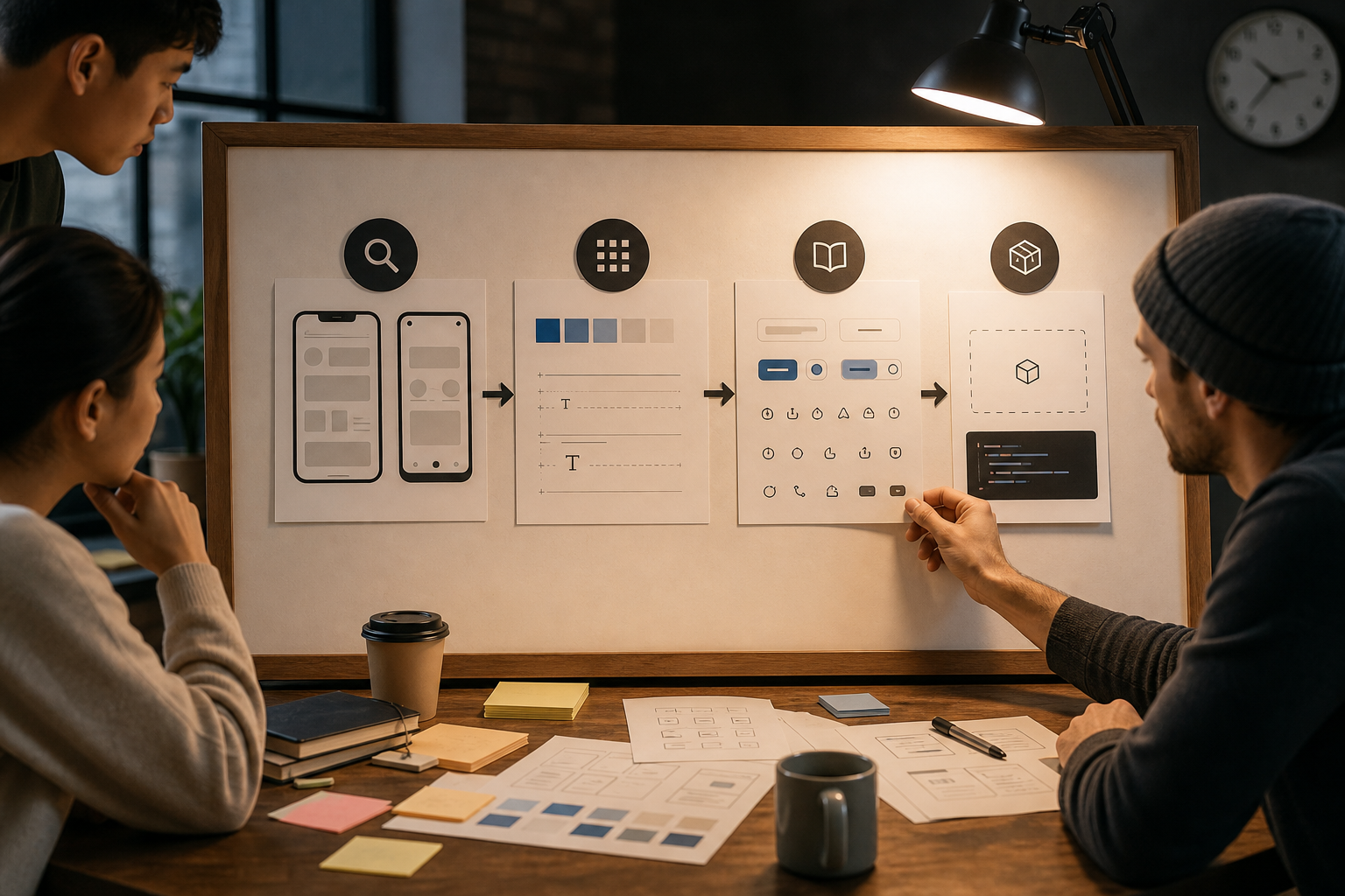 Flow diagram: Audit screenshots → Create tokens (space-8, text styles) → Publish Storybook → Replace styles → Device QA and screenshots (iPhone 13 / Android 1080x1920).