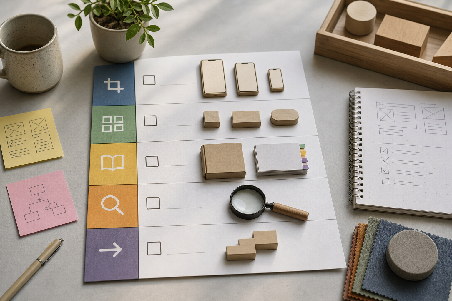 Checklist: screenshot sizes, token names (space-8), publish Storybook, replace styles on 3 screens, accessibility checks, snapshot metrics, submit stores.