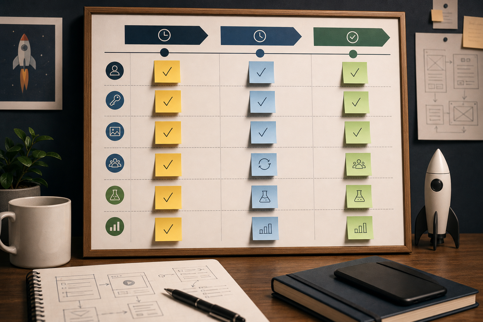 Checklist for the first 90 days including developer account setup, merchant setup, testing, UA, and retention metrics to track.