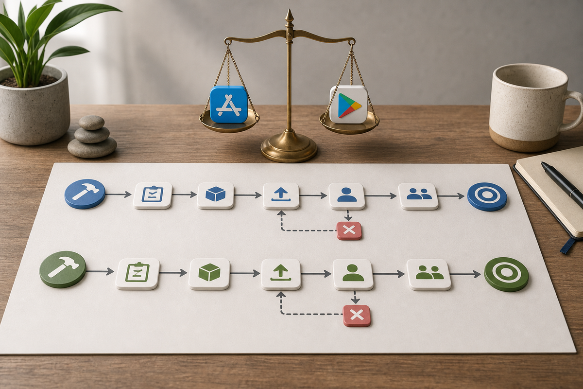 Process diagram comparing CI/CD release flows for App Store Connect and Google Play Console with decision points and buffer timelines. Process diagram comparing CI/CD release flows for App Store Connect and Google Play Console with decision points and buffer timelines.