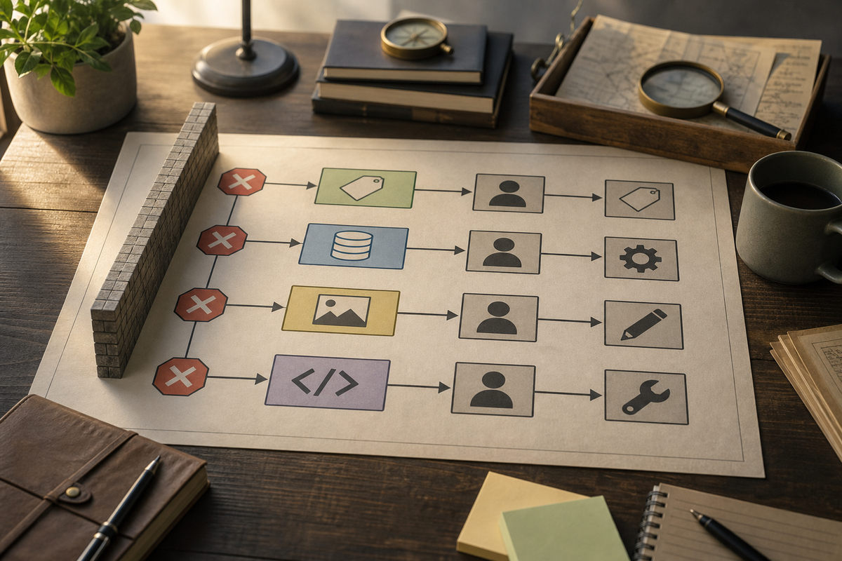 Process diagram linking remediation steps to owners and tools like App Store Connect, backend API, design assets, and Play Console.