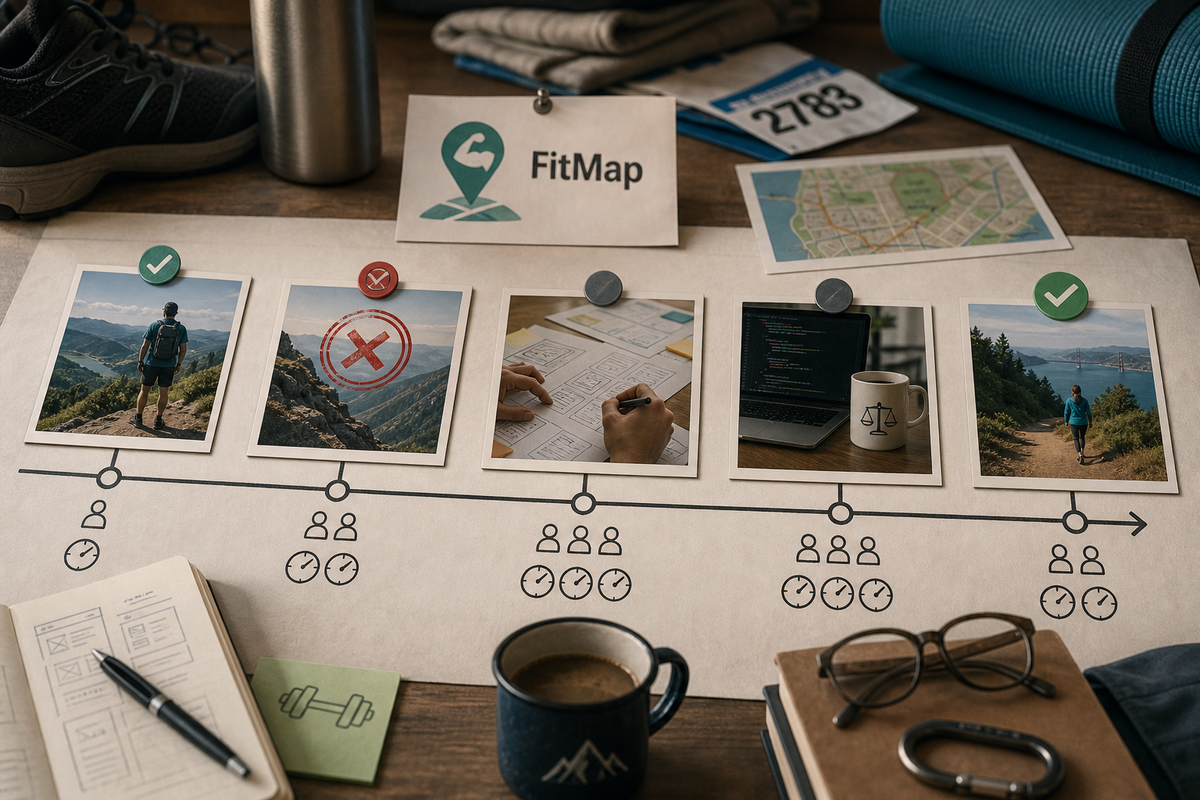 Timeline of FitMap submission: initial submit, rejection, remediation sprints, resubmission and approval with engineer-hour callouts.