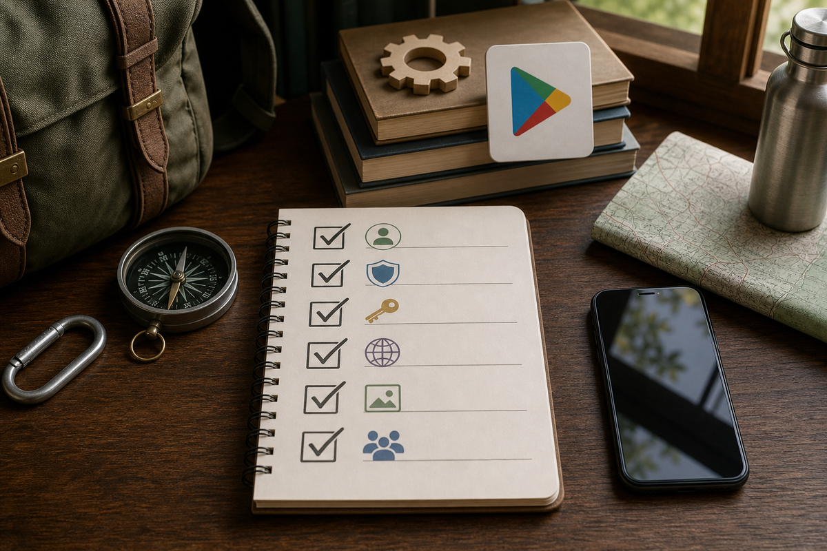 Checklist of Play Console items: account fee, signing, keystore backup, privacy policy, listing assets, internal test track